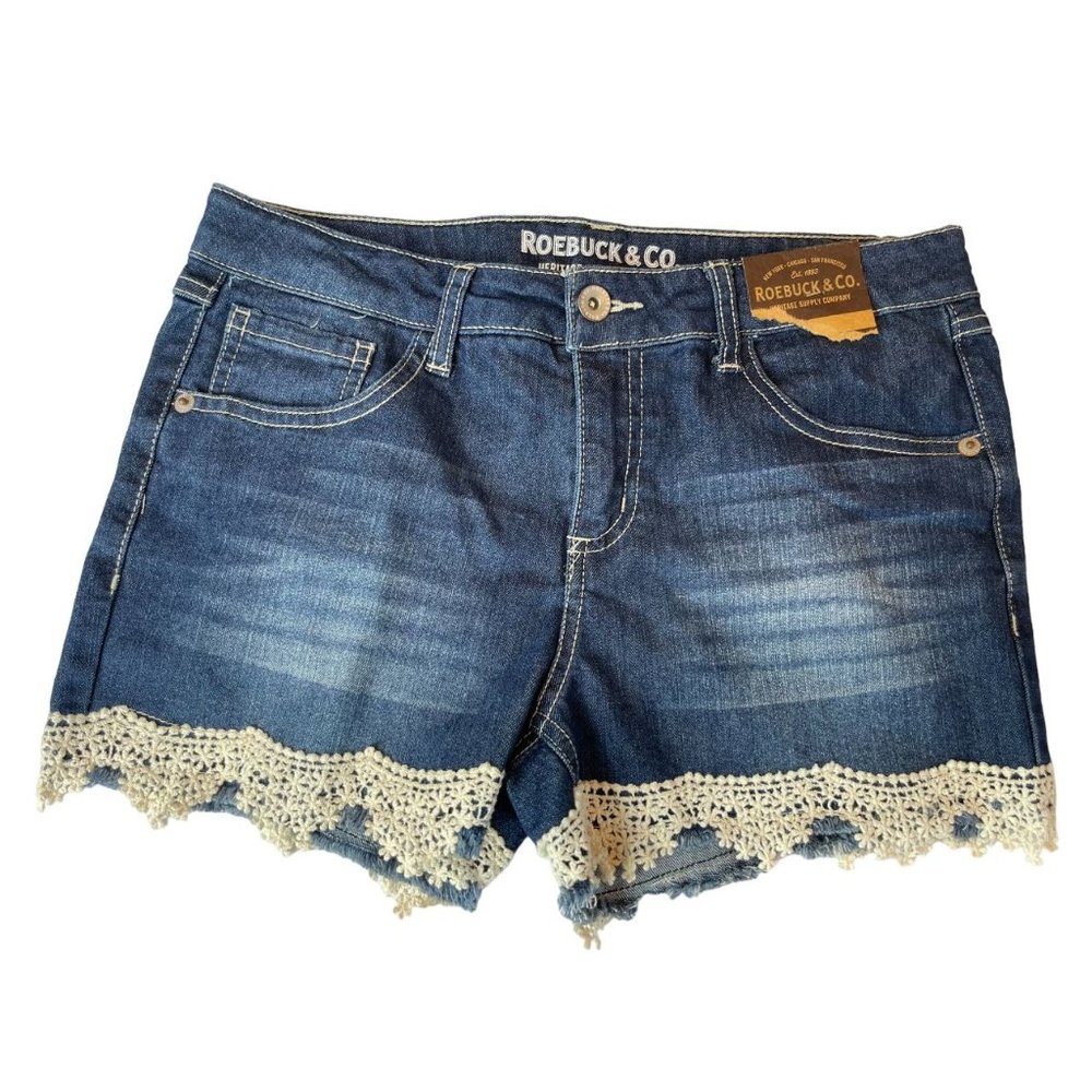 Roebuck & Company Girls Jean Shorts Denim Crochet Lace Hem Blue Size 16